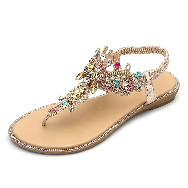 

2019 Flats Woman Sandals T-Strap Fashion Female Shoes Peep Toe Rhinestones Summer Flats sandals Flip Flops Women S66