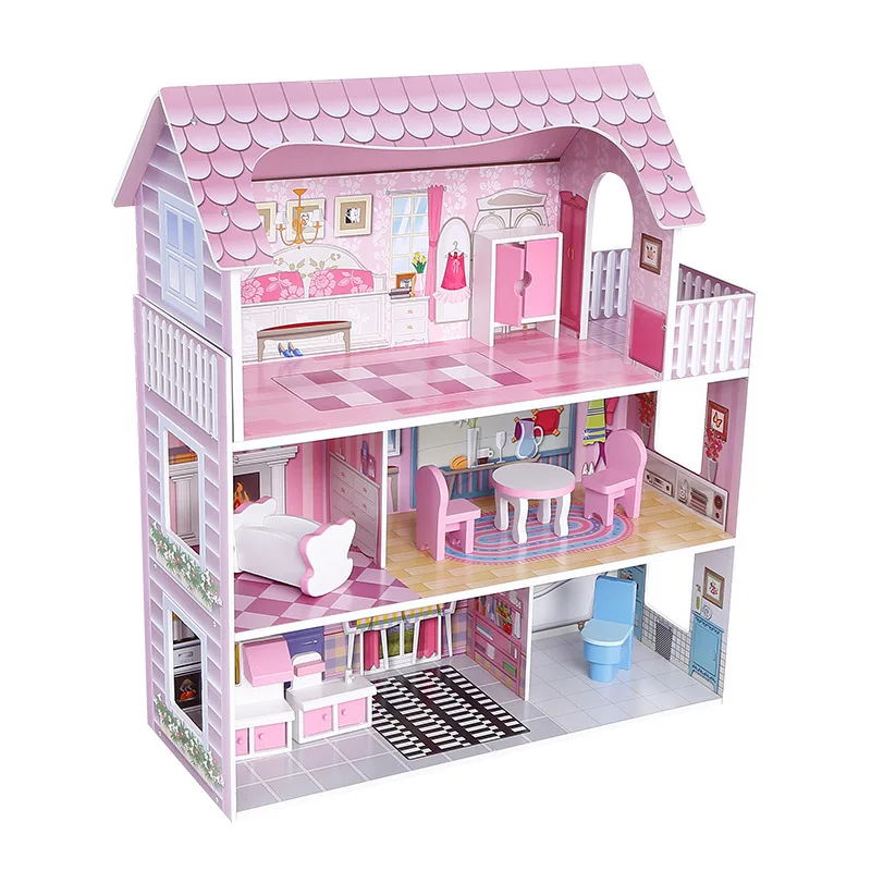 

Simulation of large children's toy doll house furniture play house toys DIY wooden villas princess pink doll house