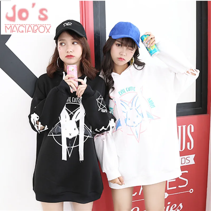  Harajuku Cute Lolita Women Tumblr Sweatshirt Rabbit Pentacle Print Lace Up Hoodies Loose Tracksuit 