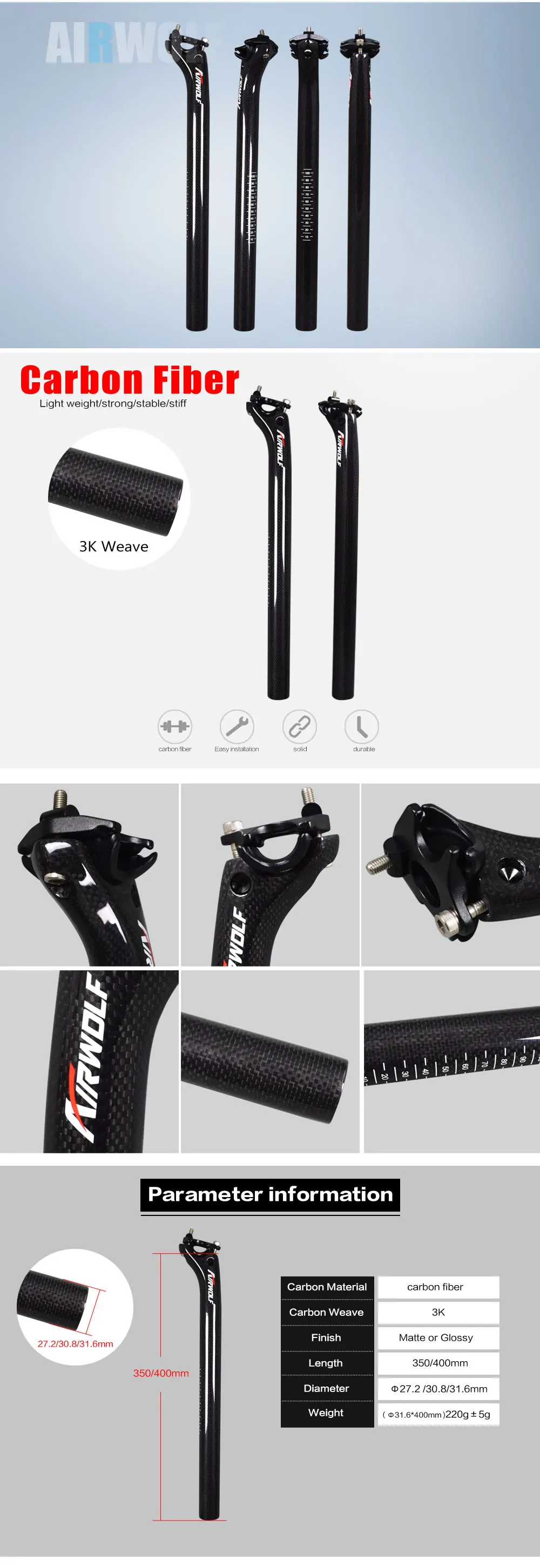 Airwolf carbon seatpost 27.2:30.8:31.6mm diameter carbon seatpost 350:400 mm length 3K weave matte or glossy finish seatposts 