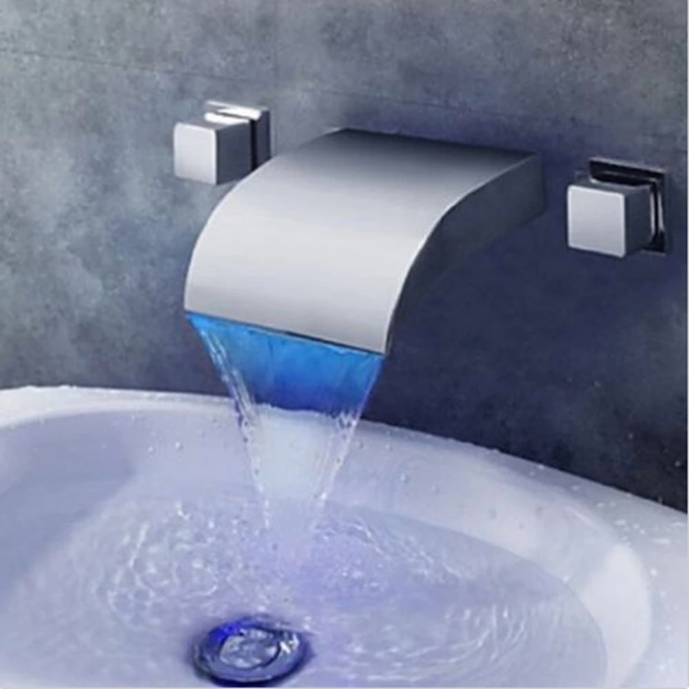 

Wall Mount Chrome LED Waterfall Bathroom Basin Faucet Dual Handle Mixer Tap NEW