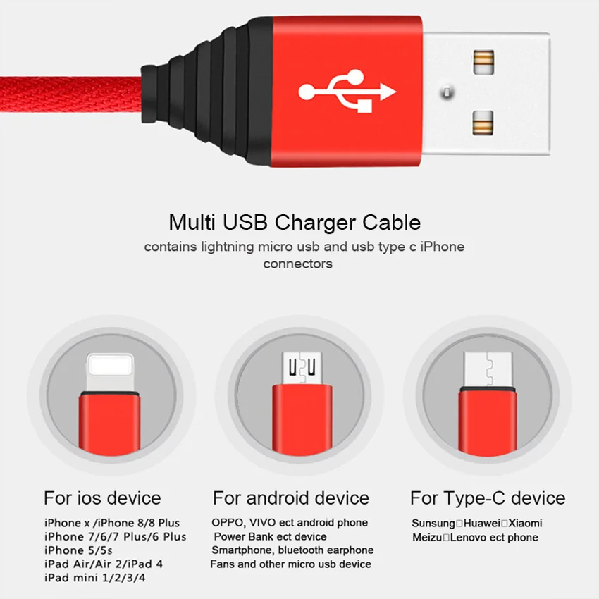 CUagain 3 في 1 كابل يو اس بي للهاتف المحمول المصغّر usb نوع C كابل الشاحن ل فون سامسونج 6 كابل شحن مايكرو كابل الشاحن