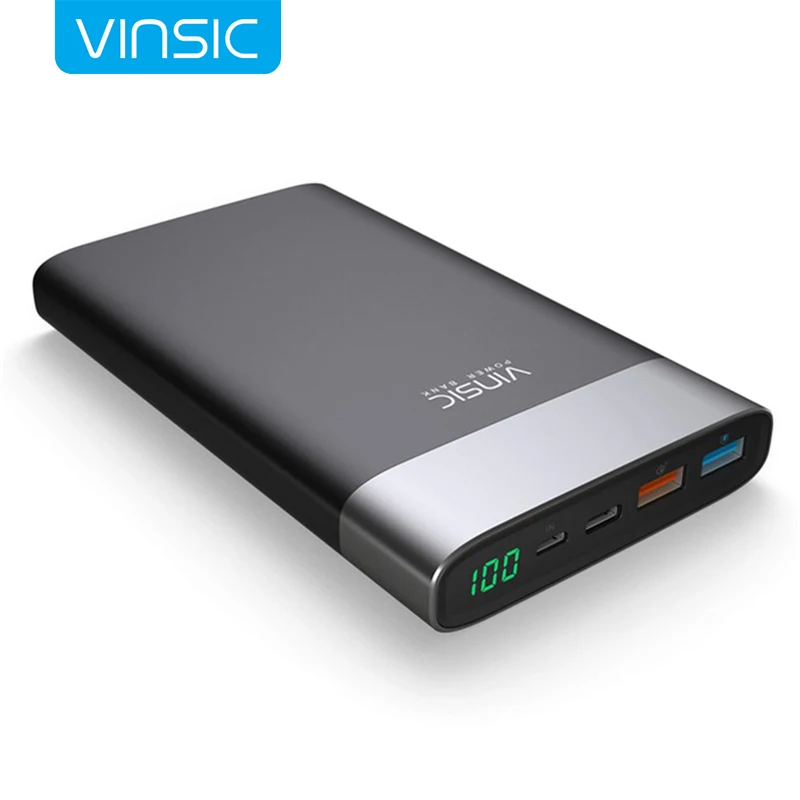 VINSIC Upscale 20000 mAh Power Bank QC3.0 Quick Charging Dual USB Iutput and Type-C Output Mobile Poverbank USB Battery Charger