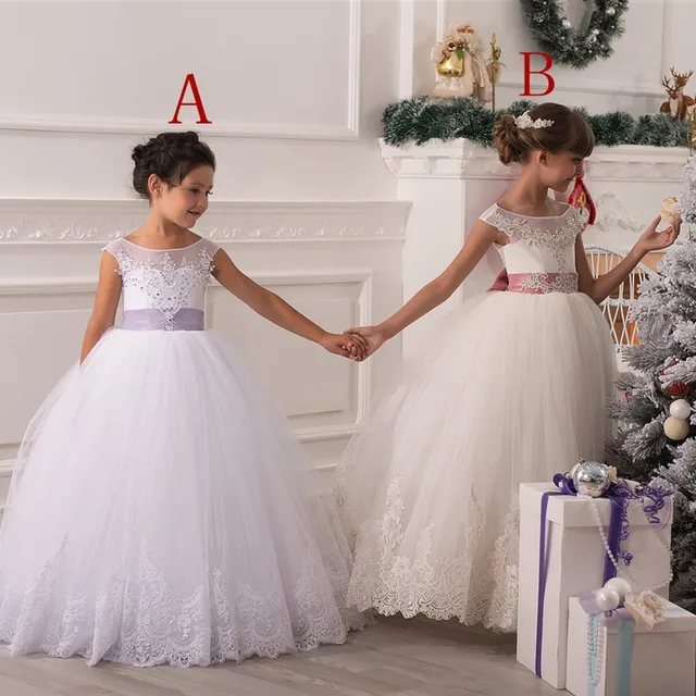 Cheap Custom Make Little Girls Party Dresses Floor Length Crew Neckline Lace Appliques Beading Sequins Flower Girls' Dresses