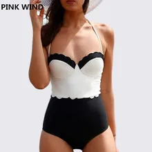 Розовый Ветер Летний стиль купальники Цельный купальник сексуальный женский пуш-ап Черный Зубчатый подол купальный костюм Дамская пляжная одежда
