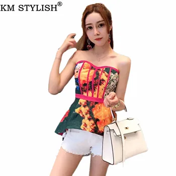 

2019 Summer New Trendy Tops & Tees Print Short Strapless Waist Slim Fit Fishbone Wrapped Chest Off Shoulder Tanks & Camis