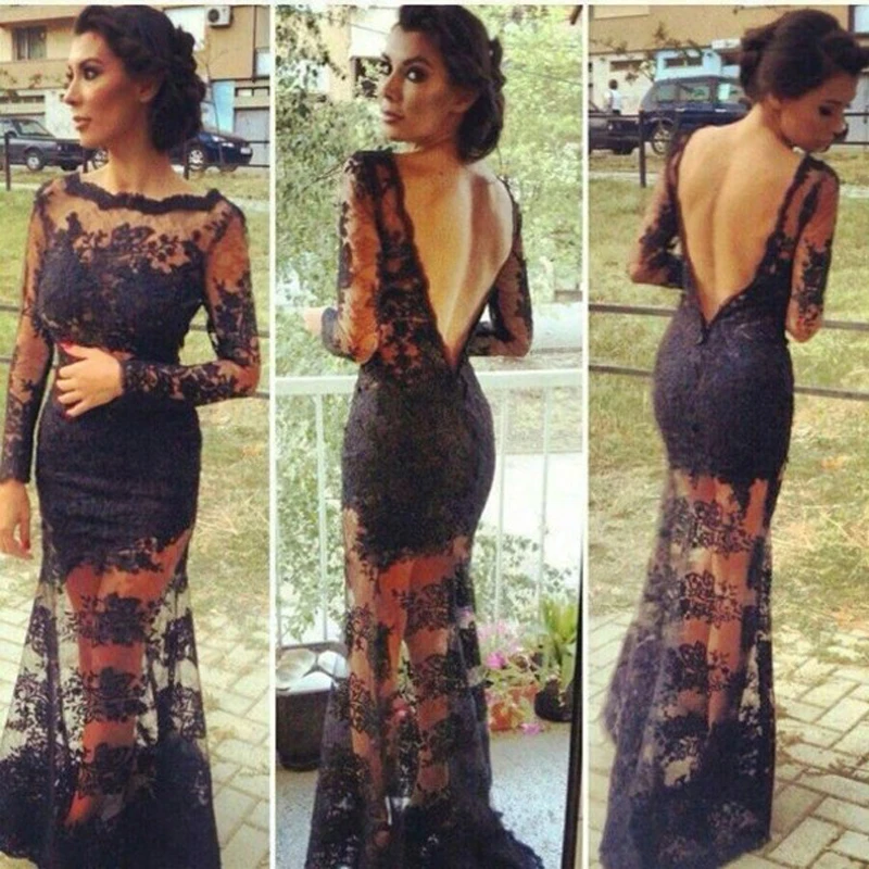 

Sexy Mermaid Long Sleeve Lace Prom Gowns Black Open Back Evening Gowns See-through Floor Length Party Dresses Free Custom Made