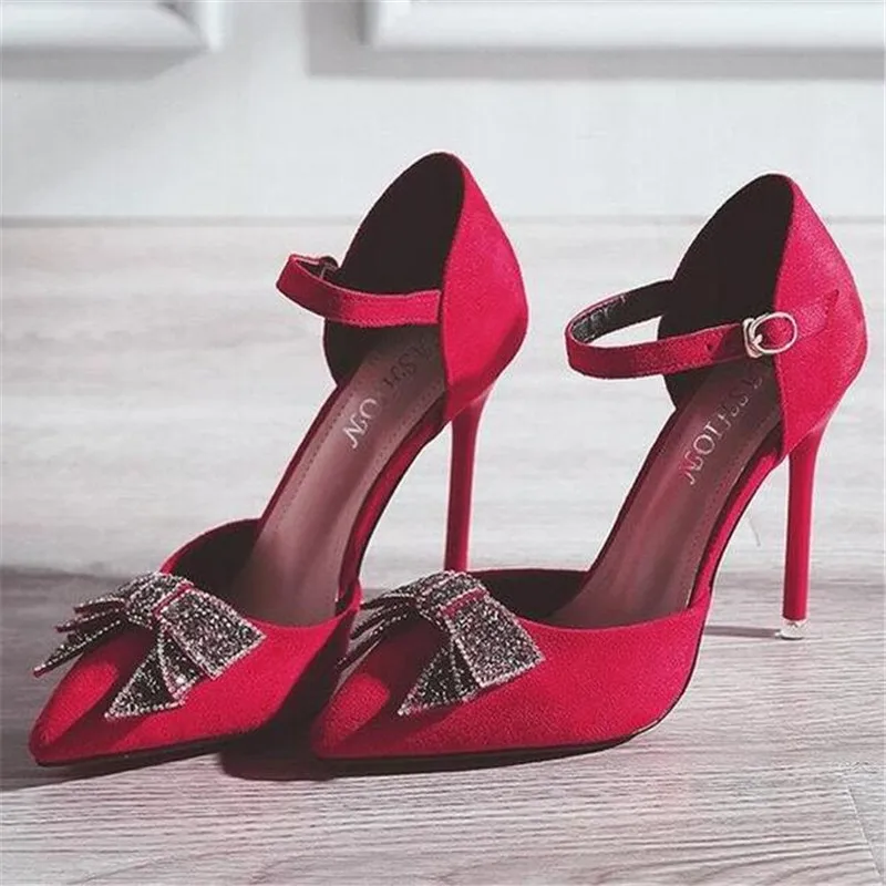 

2018 Women Shoes bowknot High Heels Ankle Strap Stiletto Pumps Ladies Sexy Party Shoes Point Toe Pumps Spring Red black E109