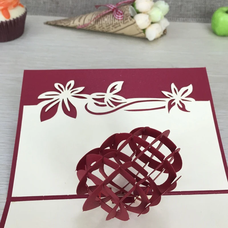 1pcs Sample Red Heart 3D Laser Cut Paper Cutting Greeting Pop Up Card Wedding Ivitation Custom Postcards VValentine's Day Gifts