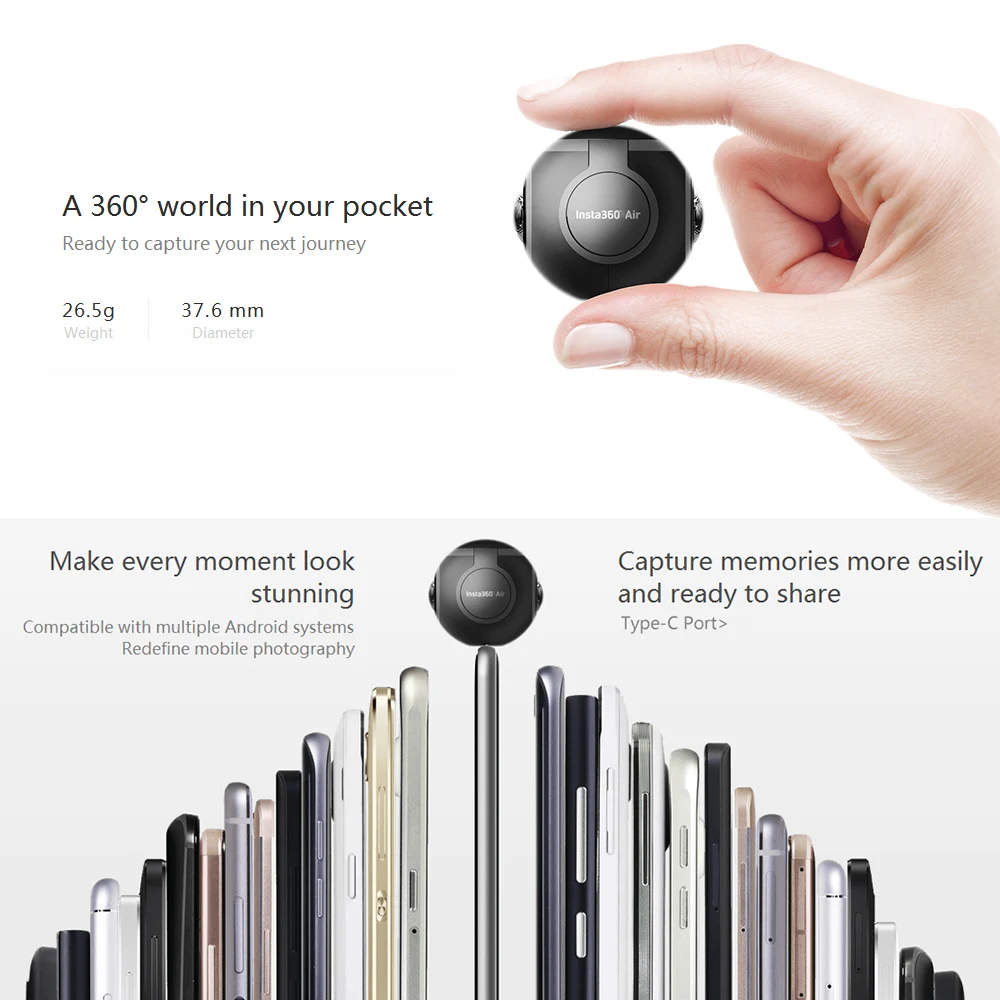 Insta360 Air 3K HD 360 Camera Dual Lens Panoramic Camera Compact Mini VR Camera For Samsung OPPO Huawei LG Andriod Smartphone