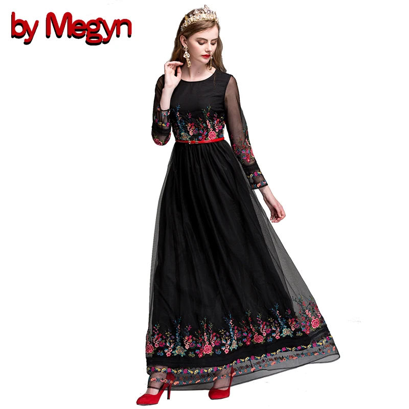 

2019 Autumn women long Black Fashion long Sleeve Sash Cultivate Mesh Floral Embroidery Women maxi Dress christmas dresses
