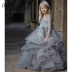 Платье с длинными рукавами и цветочным узором для девочек, кружевные бальные платья с 3D цветочной аппликацией для принцессы, праздничное