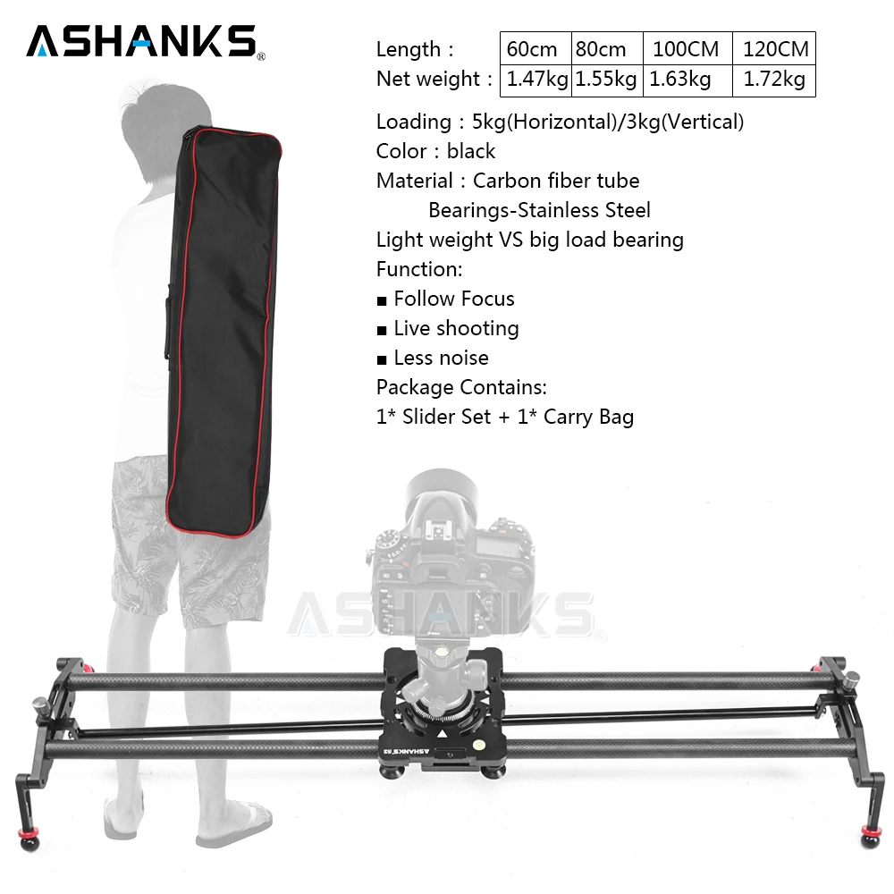 ASHANKS S2 Track Camera Slider Carbon Fiber Adjustable Angle Tube Follow Focus Pan for Stabilizer DV DSLR Camera Video Shooting