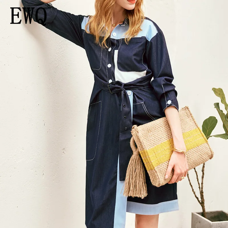 

[EWQ] 2019 spring summer new pattern casual loose style two color patchwork single row button high waist knee-length dress AF320