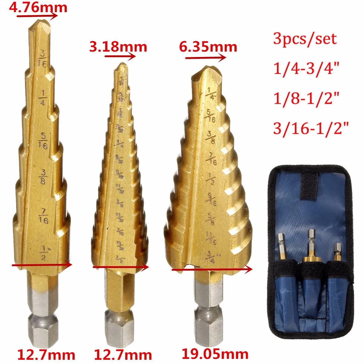 3 шт. стальной шаг HSS высокопрочная сталь, спиральное Рифленое Коническое сверло титановый резец Набор отверстий резак 1/" в мешке