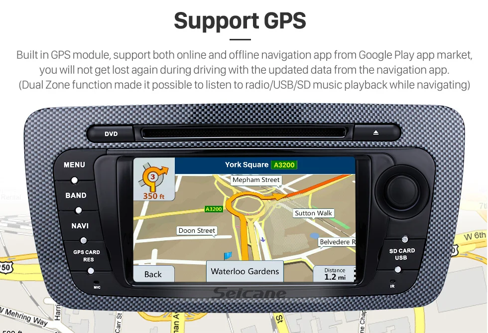 Seicane 2 Din Radio Android 8.0 DVD Player Bluetooth GPS Navigation system for 2009 2010 2011 2012 2013 SEAT IBIZA USB SD IPOD Mirror Link WIFI Stereo Support Steering Wheel Control Rearview Camera DVR