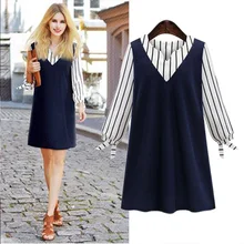 Maternity clothing spring 2017 fashion top V-neck stripe medium-long one-piece dress plus size L-5XL long-sleeve dress