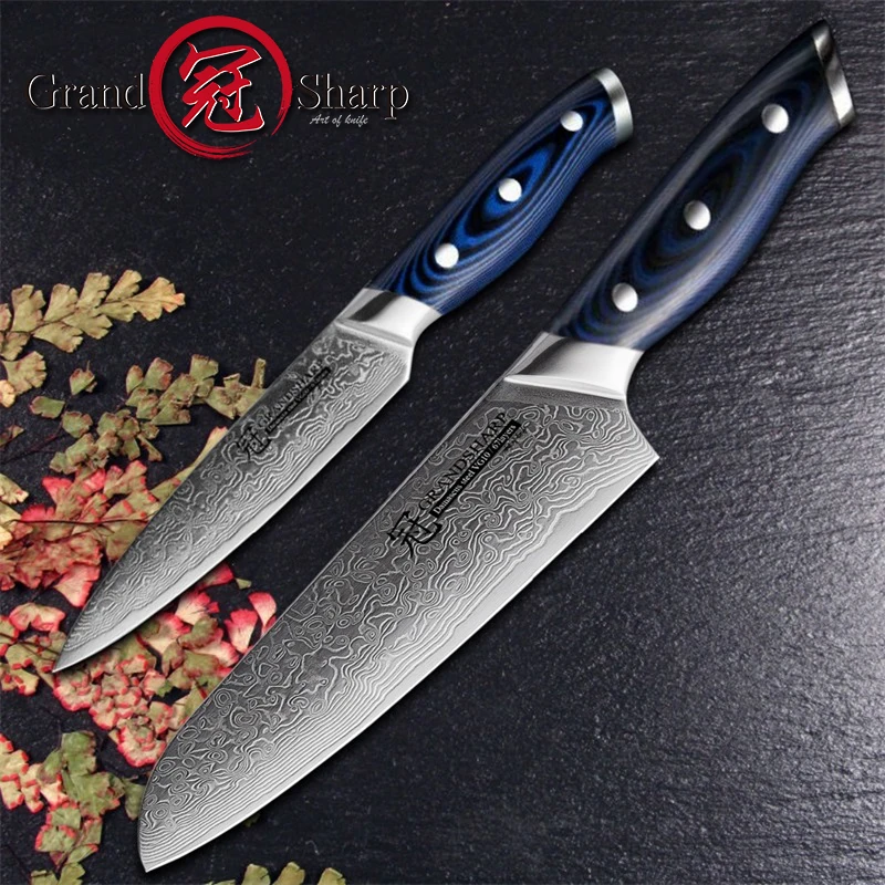 

Grandsharp 2 Pcs Damascus Knife Set Damascus Japanese Stainless Steel VG10 Santoku Utility Kitchen Chef Knives Cooking Tools