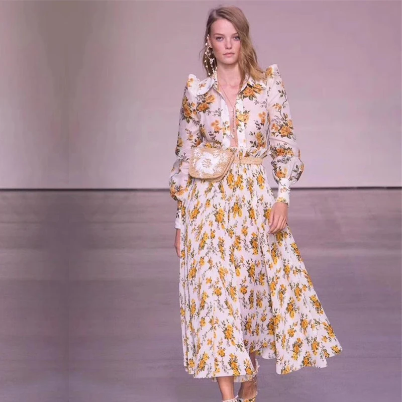 

2019 Runway Designer Woman Sweet Shirts Long Sleeve Yellow Floral Print Tops Holiday Vacation Tops