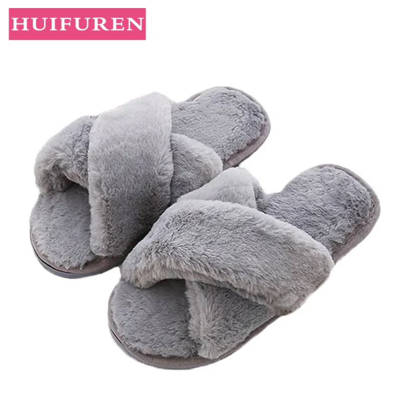 

2018 Cross fur slippers female autumn and winter new Korean fashion slimming word cotton drag flat slippers
