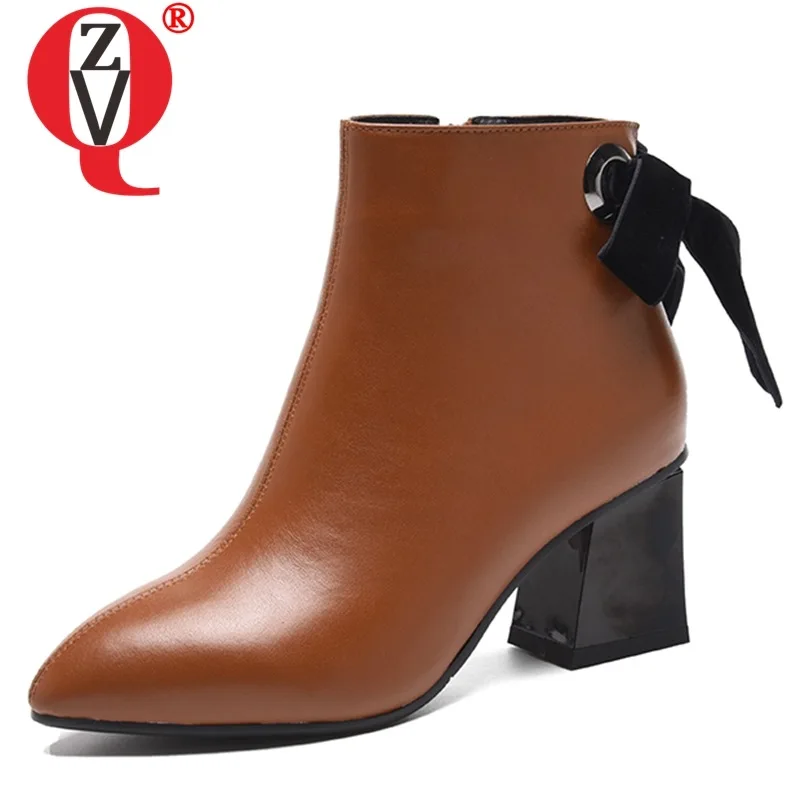 

ZVQ woman shoes 2019 winter newest fashion sexy pointed toe genuine leather ankle boots outside high heels zip plus size shoes