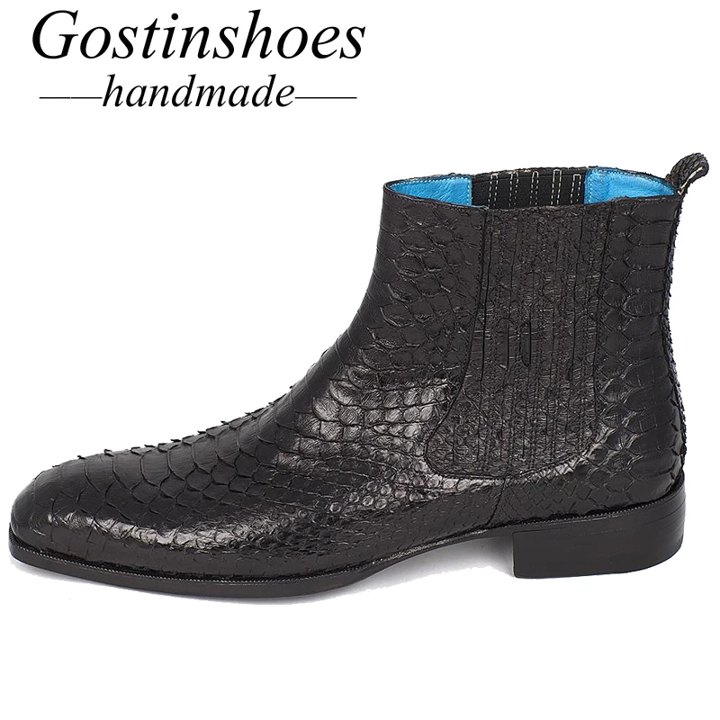 GOSTINSHOES HANDMADE Goodyear Welted Luxury Men Shoes Black Genuine Snakeskin Mens Boots Work Safty Ankle Boots Slip-On SCF30
