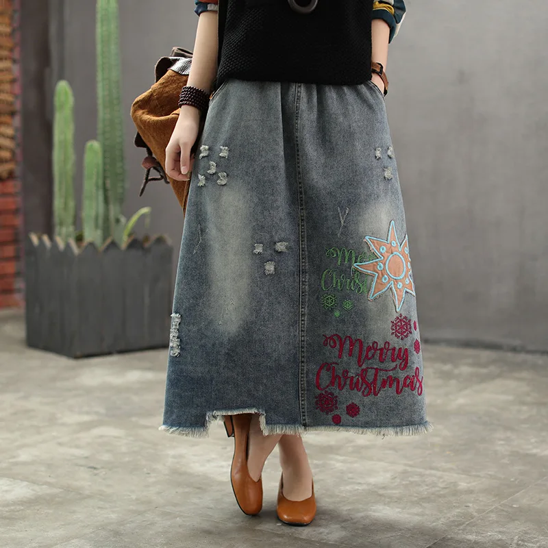 

2019 spring new skirt female elastic waist retro patch embroidery denim skirt 19006 lpp