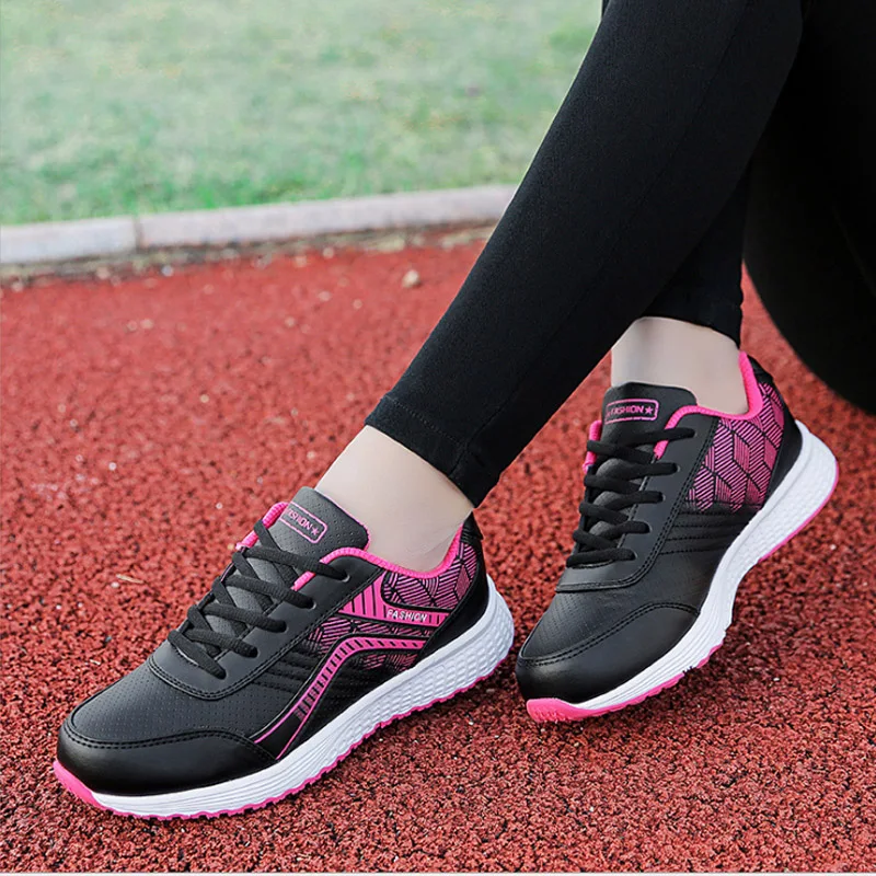 New All season Womens Leather Sneakers Light Non Slip Comfortable Lace up Running Shoes Woman EVA Sport Shoes Low Pink Purple 39