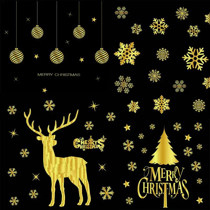 

Christmas Glueless Static Stickers Golden Window Decoration Stickers Elk Snowflake Christmas Tree Glass Doors paster