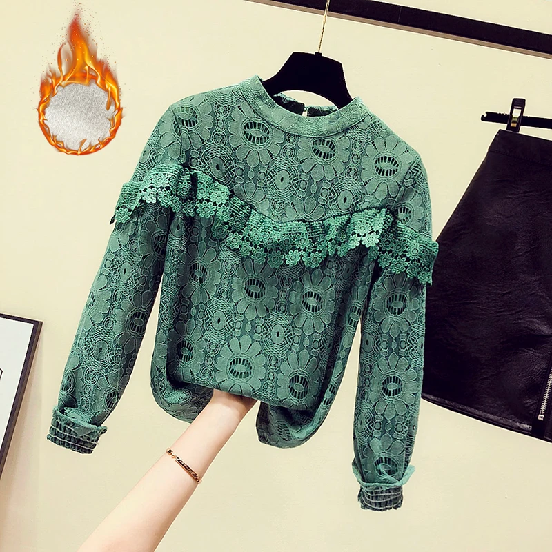 

MUMUZI 2019 Spring Women Spring Shirt Sweet Tie Floral Lace Blouse Lady Long Sleeve Round Neck Elegant Blouses Blusas Top