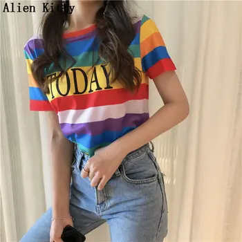 

Alien Kitty Sweet Striped All Match Loose Simple Rainbow Color Summer Free Thick Cute Casual O-Neck Fresh Short Sleeve T-shirt
