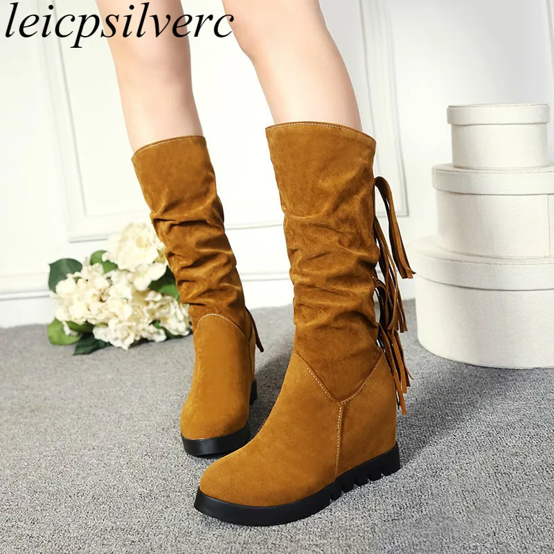 

Women Boots Autumn Winter Warm Flock 2018 New Sexy Fashion Mid-calf Fringe Snow Boot Black Brown Yellow High-heeled Martin Shoes