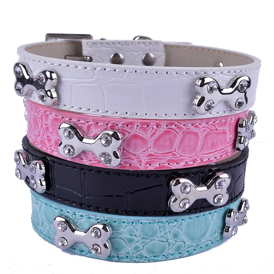10pcs/lot Croc Leather Dog Collar Adjustable Zinc Buckle Bone Shaped