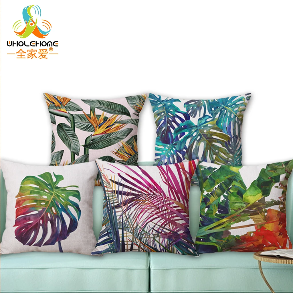 Africa Tropical Plant Printed Cushion Cover Green Leaves Linen Pillow