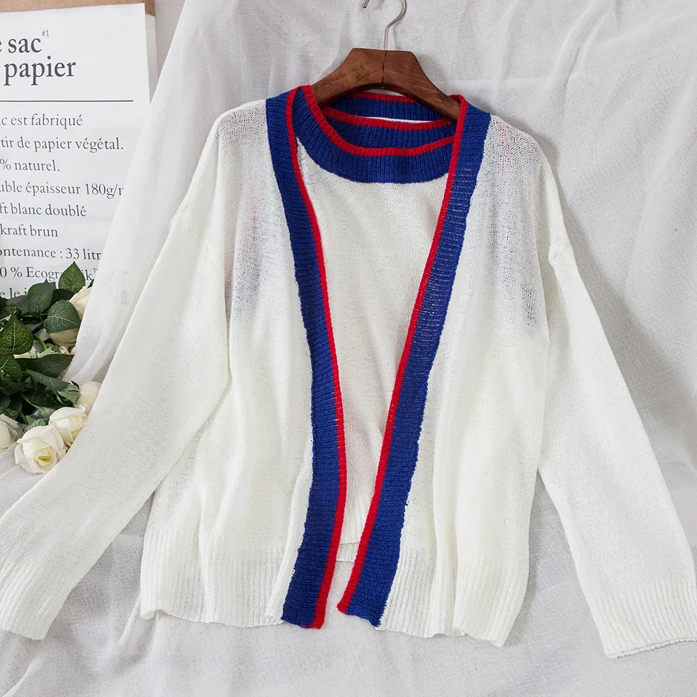 2018 Autumn Vintage Women Two Piece Sweater Set Color Block Knitted Cardigan Coat Knitwear Tank Top Retro Preppy Sweaters Set Sweaters