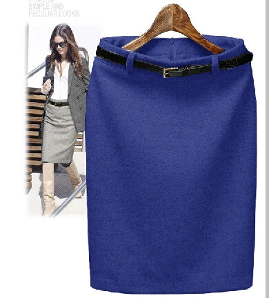 Весенне-осенняя приталенная юбка-карандаш с высокой талией для офиса, модные женские прямые утепленные Юбки До Колена - Цвет: blue