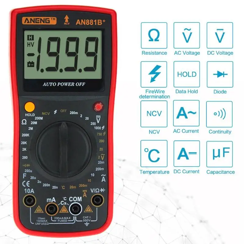 

AN881B+ Digital Multimeter Supports NCV AC DC Auto Meter Tester Temprature Tester with Crocodile Clips LCD Digital Multimeter