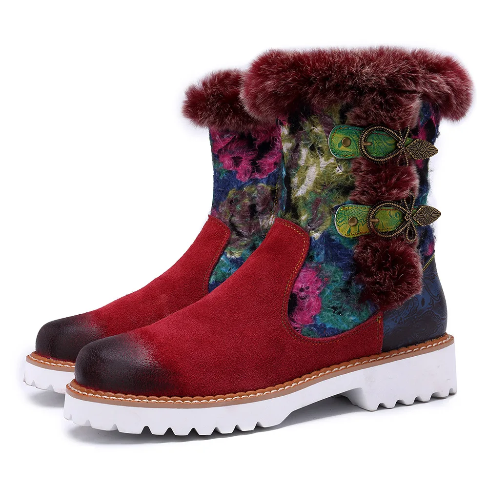 

Johnature 2019 Snow Boots Rabbit Fur New Genuine Leather Ankle Women Winter Autumn Shoes Woman Flower Soft Flat Warm Booties