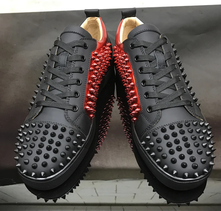 

Genuine Leather Men Black with Red Lace-up Shoe High Luxury Quality Red Bottom Shoes Sneakers Leather Loafers 2019 Spring