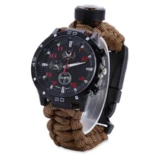 Outdoor Tactical Survival Watch Bracelet with Compass Flint Fire Starter Paracord Thermometer Whistle Multifunction Camping Band