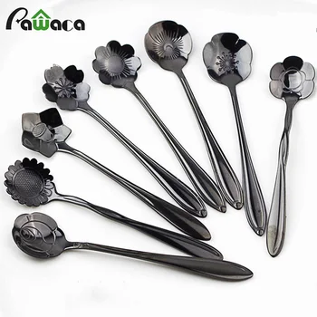 

8 pcs Stainless Steel Flower Coffee Spoon Tableware Creative Black Rose gold Sugar Stirring Mixing Tea Spoon gift Free Shipment