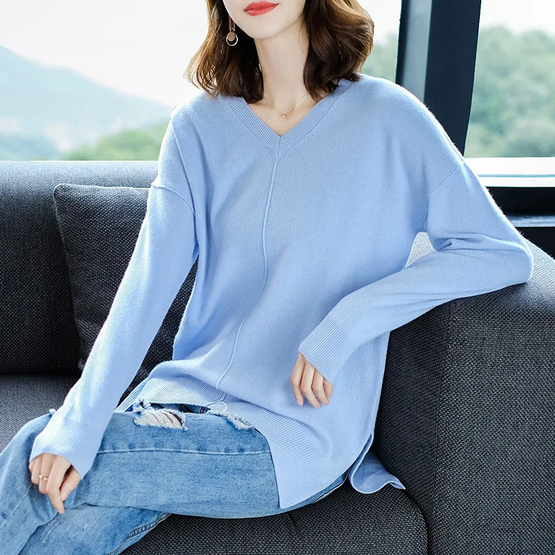 

Women V-Neck Pullovers Smooth Soft Sweaters Loose Solid Open Fork Casual Long Sleeve Sweater