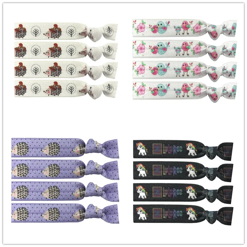 

4 Colors 40pcs Hedgehog Chick Unicorn Prints Wristband Hair Tie Bracelet Bangle Elastic Band Ponytail Holder Hair Accessories