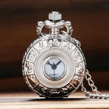 

Little Size Silver Zodiac Hollow Hunter Quartz Pocket Watch With Sweater Necklace Chain Exquisite Pendant Clock Gifts for Female