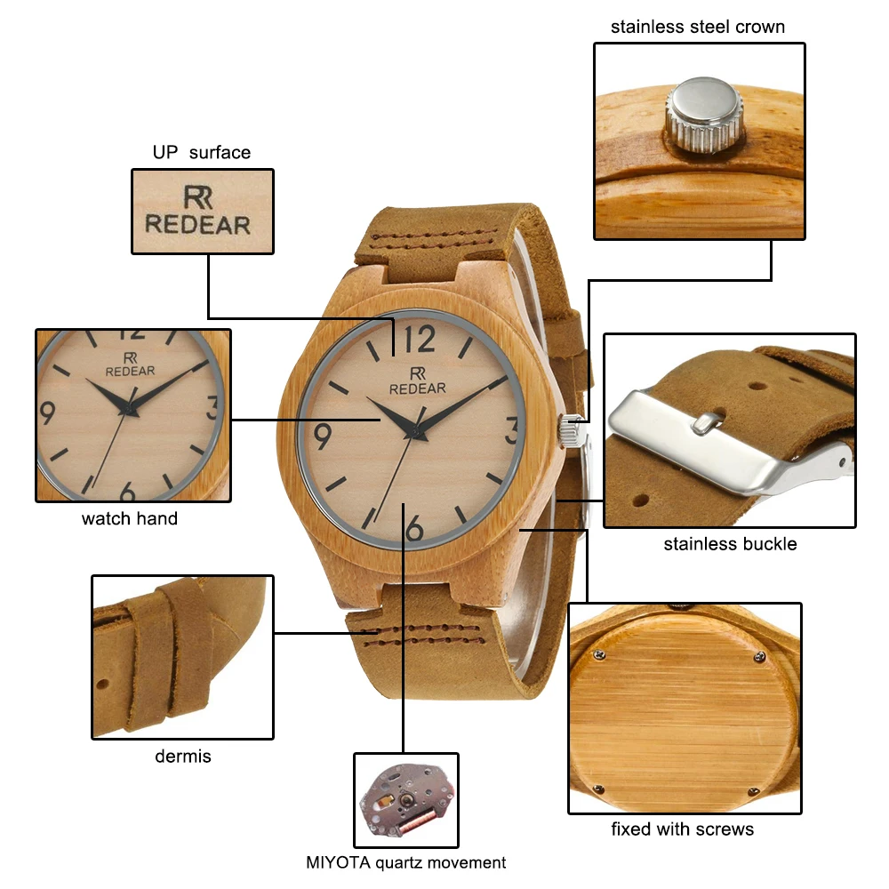 Оптовая продажа REDEAR пары цифровые часы классические часы бамбука Для женщин натуральная кожа кварцевые наручные часы в подарочной коробке