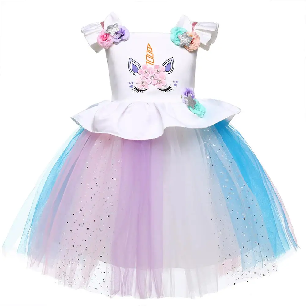 Единорог платье для маленьких девочек; вечерние платья для Платье для девочек на первый день рождения Одежда для детей; малышей; девочек платье на крестины новорожденных карнавальный костюм - Цвет: White