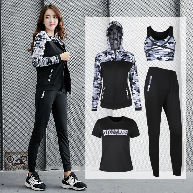 

Women 'S 4 PCs Active tracksuits Hooded Long Sleeve Striped Pattern Casual Pants Suits Spring New Style Yoga Clothes Morning Run