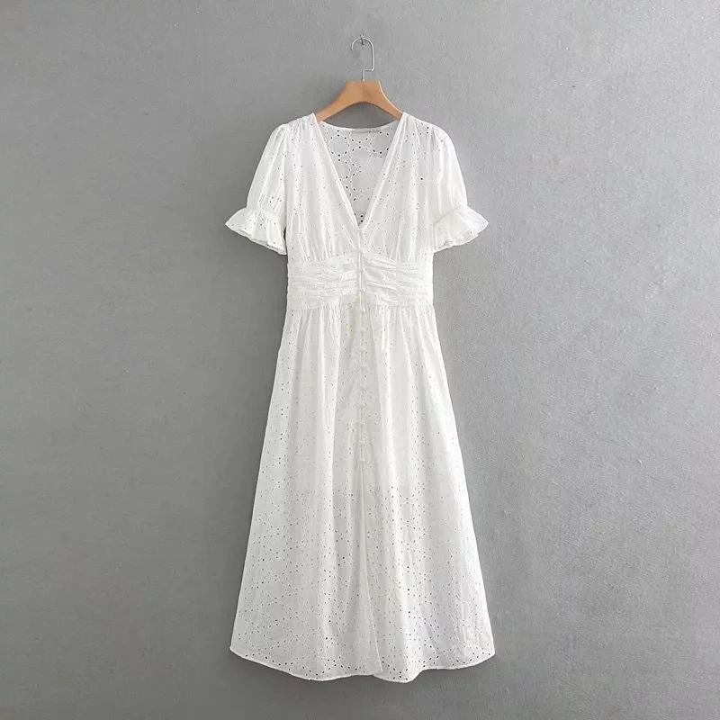 

Summer Dress Women Print Hollow Beach Dress Elegant Party School Sleeve V-NeckDresses Embroidered Famale Clothing