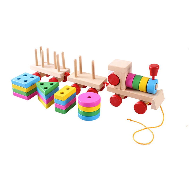 Деревянные Геометрические строительные блоки Drag Train детские игрушки раннего развития рождественские подарки