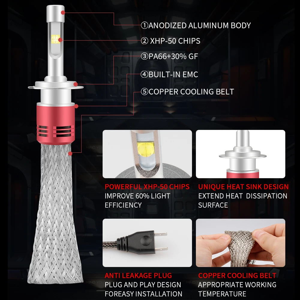  AILEO Car Headlight Bulbs h4 led h1 h7 H11 h8 h9 9005 9006 9012 hb3 hb4 9007 9008 H13 4300K 6000K a - 33008412060